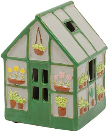 Ceramic Greenhouse Tealight Holder | 15cm Rustic Green House Candle Holder with Embossed Flowers & Cut-Out Windows
