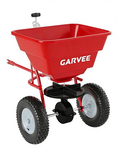 Garvee Tow-Behind Spreader, 85LBS Capacity Pull Lawn & Garden Broadcast Spreader with 10 Pneumatic Tires and Adjustable Flow Control for Fertilizer, Seed, Salt and Ice Melt(Red)