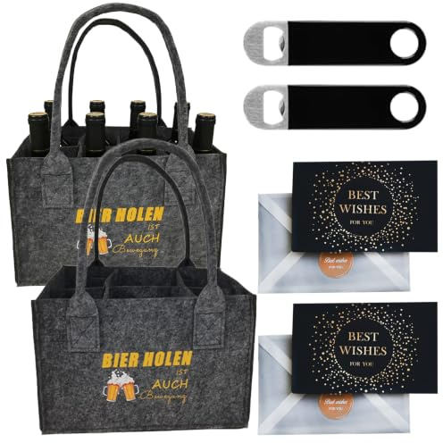 2 Männerhandtaschen für Bier, je 6 Flaschen, Grau, mit Öffner und Karten | Faltbare Filztaschen mit herausnehmbarer Trennwand; für Grillabend, Picknick, Geburtstag und Vatertag