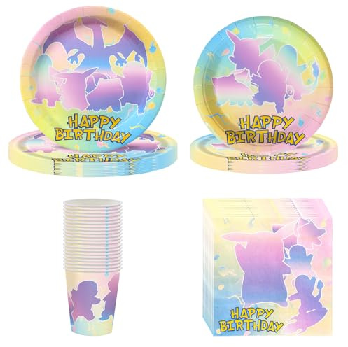 GOACRS Partygeschirr Set, 80 Stück Pappgeschirr mit Pappteller Pappbecher Servietten für 20 Gäste, Bunte Cartoon Anime Papier Teller und Becher, Party Geschirrset für Kindergeburtstagsdeko Tischdeko