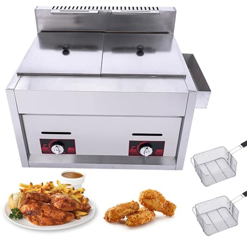 Friggitrice a gas da 20 l, in acciaio inox, per uso domestico e commerciale, regolabile da 150 a 190 °C, include cestini e coperchi, ideale per patatine, ciambelle, pesce, facile da pulire