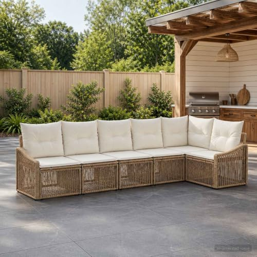 Ziaphsol Trädgårdssockset 6 stycken beige poly-rotting loungegrupp utomhusmöbler med modulära komponenter, väderbeständig ram, avtagbara örngott för terrass balkong trädgård och veranda