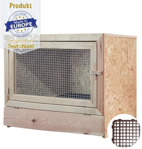 Kaninchenstall 80x80 cm – mit Bodenrost – mit Stabiler Holzvorderfront – Kleintierstall aus OSB für überdachten Außenbereich – ideal für artgerechte Kaninchenhaltung – Made in Germany