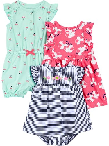 Simple Joys av Carters baby-girls 3-pack sparkdräkt, Sunsuit and DressRomper, Mint körsbär/marinrandig/rosa blommig, 0-3 Months