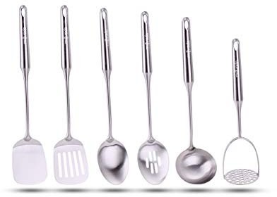 Millvado Juego de utensilios de acero inoxidable: juego de 6 utensilios de cocina para cocinar y servir, cuchara sólida, cuchara ranurada, espátula sólida, espátula ranurada, cucharón de sopa,