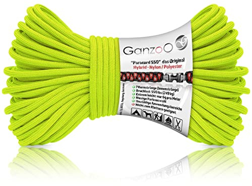 Ganzoo Paracord 550 Seil 4 mm Typ 3, Lime neon, 30 m Länge, Nylon Polyester Hybrid mit 32-Fach geflochtenem Mantel und 7 Kernsträngen, ca 250 kg Bruchlast, vielseitig für Alltag und Freizeit