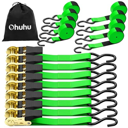Ratchet Tie Down Strap 8-Pack 15 Ft - 500 lbs Load Cap with 1500 lbs Breaking Limit, Ohuhu Ratchet Tie Downs Logistic Cargo Straps for Moving Appliances, Motorcycle, Green