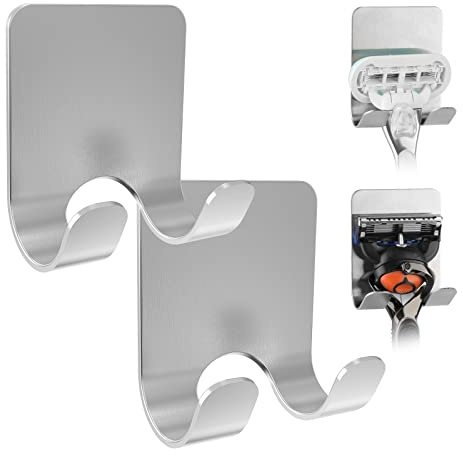 Linkidea 2-pack rakhållare för dusch, självhäftande vattentillverkad rak-krok i rostfritt stål, utan borrning, starkt grepp, kompatibel med Gillette Venus & Fusion5 (Silver)