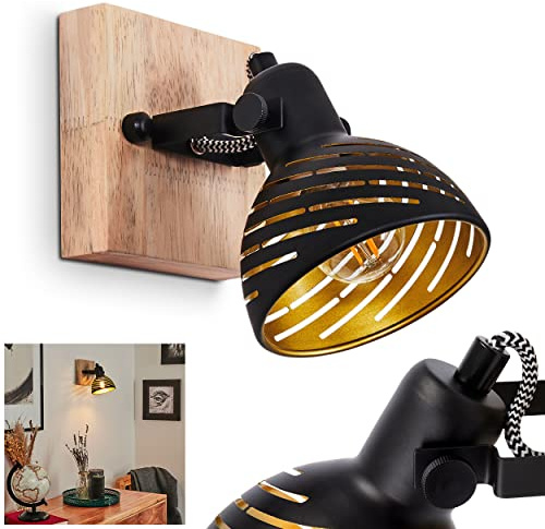 Wandleuchte Osina, Wandlampe aus Metall/Holz in Schwarz/Gold/Natur, Schirm ist drehbar, m. Lichteffekt an der Wand, Vintage/Retro Design, 1 x E14, ohne Leuchtmittel