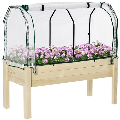 Outsunny Letto per Orto in Cassetta con Serra da Giardino, Portapiante da Esterno in Legno e PE per Fiori e Verdure, 121x55x117cm