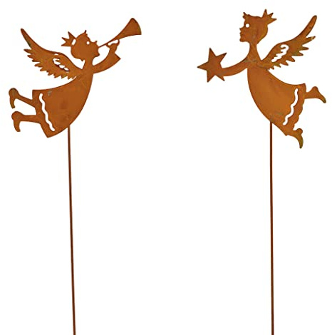 itsisa Blumenstecker Engel fliegend auf Stab (2er Set) im Rost Design - Rostfigur für den Garten, Gartendeko, Gartenstecker, Advent, Weihnachten