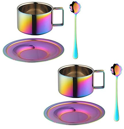 TUPMFG Lot de 2 tasses à expresso en acier inoxydable à paroi épaisse avec soucoupe - Petit thé moderne - Café moka latte macchiato - Avec soucoupe et cuillère - 200 ml - Multicolore
