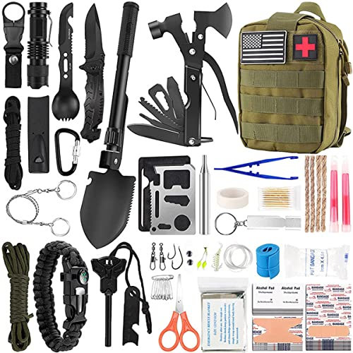 scosao Survival Kit 157Pcs Außen Notfall Ausrüstung Survival Set Outdoor Militär Erste-Hilfe-Kit Mehrzweck-Überlebenskit mit Molle-Beutel, für Herren, Camping Abenteuer/Wandern/Jagden,Green