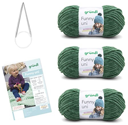 Gründl Wolle Funny uni - weiche Chenille Wolle mit Nadel und Anleitung für eine Babydecke - Kuschelig und hautfreundlich - 100% Polyester - 3 Knäuel 100 g / 120 m - Nadelstärke 5-6, dunkelgrün