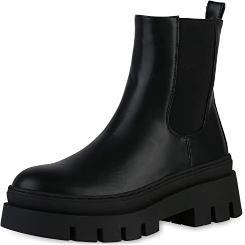 VAN HILL Damen Plateau Boots Freizeit Stiefeletten Blockabsatz Schuhe Profilsohle Stiefel Plateauschuhe Booties 208395 Schwarz 37