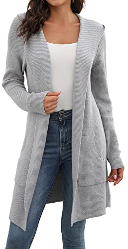 JUOIANTANG Damen Lange Strickjacke mit Kapuze und Taschen | Langarm, Grobstrick, Einfarbige, Herbst & Winter, Frauen Strickjacken