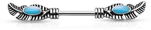 beyoutifulthings Brustwarzen-piercing Silber Tribal-Feder Türkis Enamel Brust-piercing Nippel-piercing Intim-Piercing Chirurgenstahl Stab 12-mm