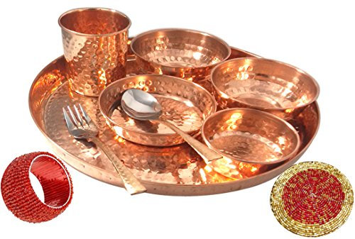 Devyom India Craft Best Dinnerware Pure Copper Thali Set Dia 12 Indian Traditional Dinner Set of Plate, Bowl, Spoons, Glass with Napkin ring and Coaster - Christmas Gift