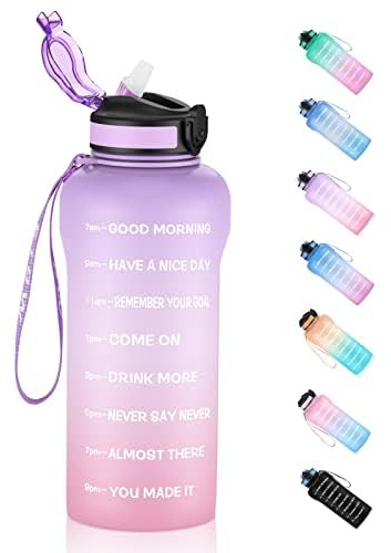 ETDW Sportflasche mit Trinkhalmen Tritan BPA Frei Auslaufsicher mit Zeitmarkierung Wasserflasche Fahrrad Outdoor Schule Gym Orange Grün