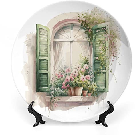 Gokays Decorative Plates for Wall Hanging, Romantic Window and Pink Flower Spring Painting Ceramic Plate, Wobble-Plate with Display Stand, Home Decor for Kitchen Cabinets, Farmhouse Round Tray 6 Inch