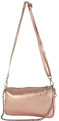 modamoda de T237 Leder Umhängetasche, mit Silberkette und verstellbarem Schultergurt, 22 x 14 x 5 cm, handmade in Italy