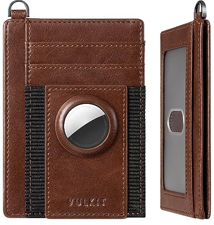 VULKIT Slim AirTag Wallet with AirTag Holder, Leather RFID Blocking Wallet Card Holder Minimalist Smart Wallet with Keychain