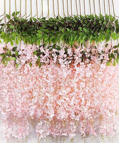 HanYun 12 Stück Künstliche Glyzinien Blumen, Künstliche Blumen Blumengirlande Kunstpflanzen Hängende Girlande Seidenblumen für Zuhause Party Hochzeit Boho Dekoration (Rosa-Dicht)