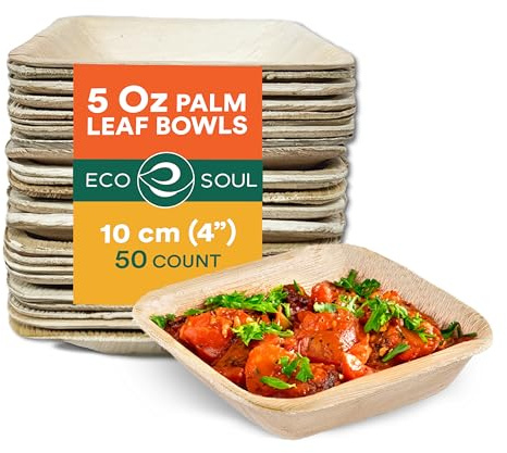 ECO SOUL Einweg Bambus Mini Quadratschalen, 4(5oz) 150ml-50Pack | 100% natürliches Bambus, Extra stabil für heiße & kalte Speisen, Fett & schnittfest, Kompostierbare Alternative zu Plast
