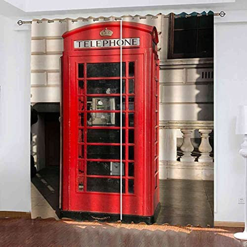Vorhang Blickdicht Gardinen Mit Ösen - 2 Stücke 220(B) X215(H) cm Verdunklungsvorhänge 3D Rote Telefonzelle Muster Thermovorhang Für Kinderzimmer Schlafzimmer Weihnachtsgardinen