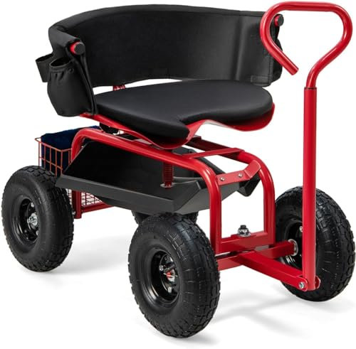 THUNDERBAY Gartenwagen Rollsitz mit Rädern, 360 Grad Drehsitz, Wagon Scooter mit Lenkgriff & Werkzeugablage zum Bepflanzen, mit Aufbewahrungskorb und Werkzeugtasche, Rot