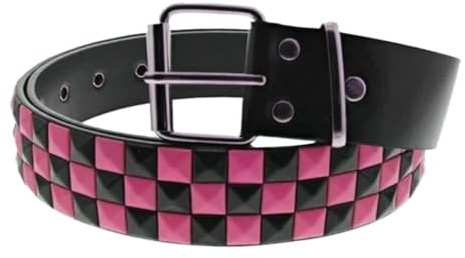 Unisex 3 Row Pyramid Studded Belt Bicolour Black and Neon Pink Check Checkered Chessboard