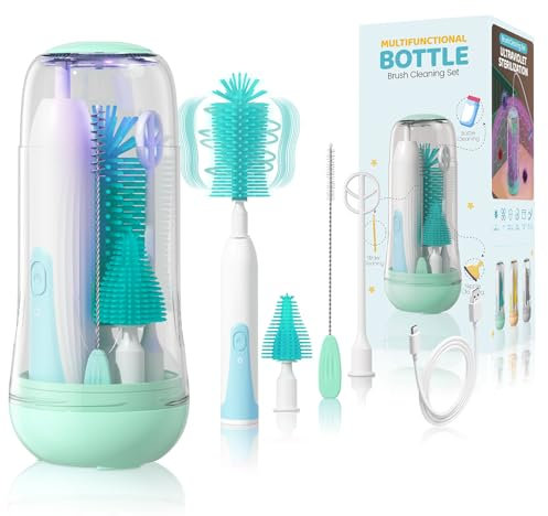 Orzbow Electric Baby Bottle Brush Set,Portable Bottle Brushes for Cleaning with UV Steriliser,Milk Frother Electric,Nipple and Straw Brush,Bottle Drying Rack,Baby Travel Essentials,Youthful Green