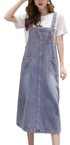 Yishengwan Donna Vestito Salopette Jeans Overall Gonna Senza Maniche Lungo Denim Vestiti Overall con Tasca Azzurro S