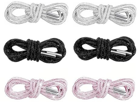 NIYATA Glitzer Schnürsenkel rund mit Strass, 3 Paar Schuhriemen für Sneaker, Arbeitsschuhe, Stiefel & Sportschuhe, Schuhbänder in Schwarz, Weiß & Rosa, 100cm, dick 4 mm