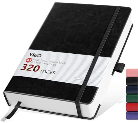 Notebook A5, Hardback A5 Notebook Thick Journal Notebook 320 Pages 100GSM A5 Lined Note Book Hardcover Notepad with Inner Pocket, Pen Loop, Elastic Closure and 2 Ribbon Page Marker,14.5 x 21cm-Black