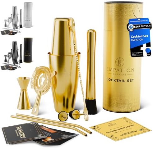 EMPATION Cocktail Shaker Gold, 14-teiliges Cocktail Set mit 825ml Boston Shaker, Cocktail Zubehör inklusive Rezeptkarten, Bar Set für Anfänger & Profis, Cocktailshaker Set perfekt als Präsent geeignet