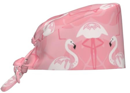 Summer Flamingo Palm Leaves Women Hats Caps Nurses, Adjustable Working Cap Ponytail Pouch Tie Back Hats, Black, One size