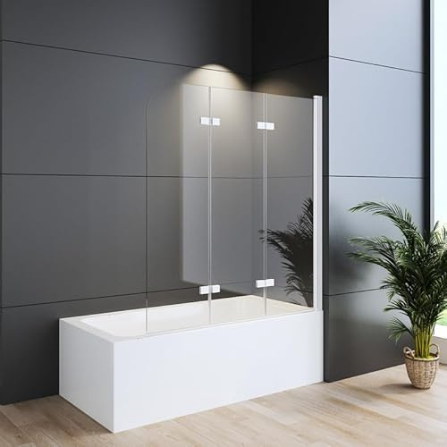 WDWRITTI 140x140cm Duschwand für Badewanne 3-teilig faltbar, Weiß Duschabtrennung Duschtrennwand aus 6mm ESG Sicherheitsglas mit NANO Beschichtung, Glas Badewannenaufsatz