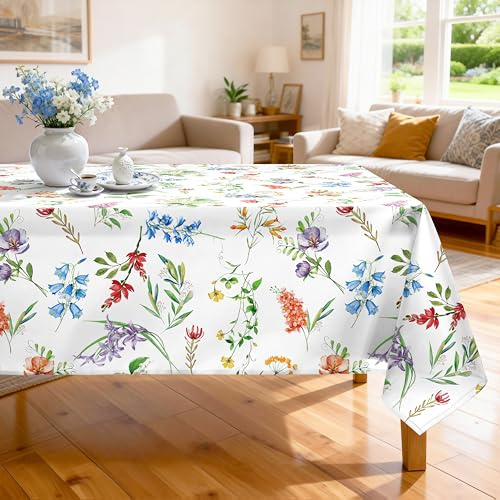Arquiel Frühling Wildblumen Tischdecke Polyester Rechteckig 152 x 264 cm | Waschbare Polyester-Tischdecke mit Wildblumen-Motiv, wasserabweisend und pflegeleicht für Küche, Esszimmer, Feste und Feiern.