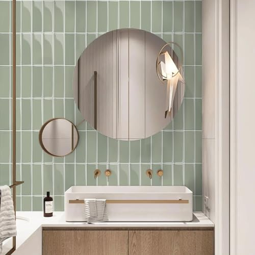 Alwayspon 1328 3D-Vinyl-Wandfliesen-Aufkleber, dick, abziehen und aufkleben, selbstklebend, wasserdicht, Spritzschutz, für Küche, Badezimmer, Wand, 25,4 x 25,4 cm, Salbeigrün, 10 Blatt