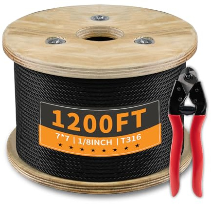 1200FT 1/8 Stainless Steel Cable Black 7x7 Strands Aircraft Cable T316 Wire Rope with Cable Cutter 1800lbs Breaking Strength for Deck Cable Railing, Stair, Fence, DIY Balustrades