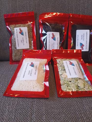 Hermit Crab Food, 5 Sample Packs, Worm Castings, Desiccated Coconut, Complete Meal, pea flakes. dried seaweed, get FREE sample pack with your order till end of month