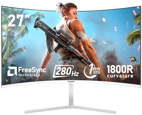 Gawfolk - 27 inch computer screen, 1800R curved gaming monitors 280Hz, FHD 1080p 1ms, Freesync, 98% sRGB, 178° angled view, HDMI2.0, DisplayPort, compatible with