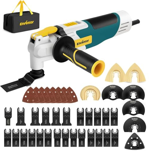 Enventor Oscillating Multi Tools, 2.5A Electric Oscillating Saw with 43PCS Accessories, 15000-22000 OPM, 6 Variable Speeds, 3°Oscillation Angle, Auxiliary Handle for Cutting, Scraping, Sanding, Blue