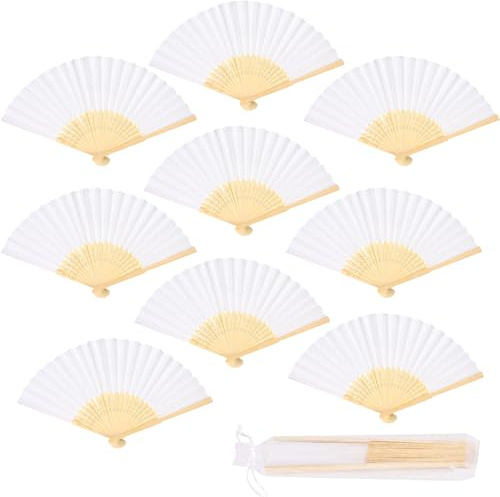 9pcs Handheld Paper Fans Folding, Paper Folding Fans with Bamboo Handle | White Manual Fan Folding with a Pouch for Tea Party Decorations, Cosplay, Home Decorations, Birthday Gifts