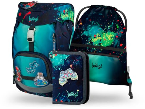 Baagl Schulranzen Jungen Airy Schultasche Set 3-Teilig Grundschule - Chill | Der Airy Ultraleicht-Rucksack für die Grundschule bietet einen ergonomisch geformten Rücken und reflektierende Elemente.