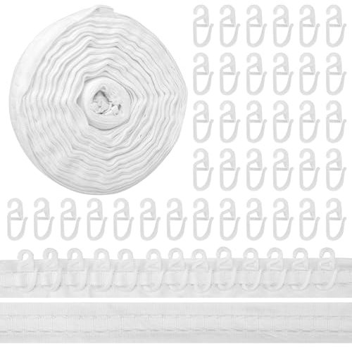 Gardinenband Kräuselband 30 m x 2,5 cm mit 100 Stück Gardinenhaken, Universalband Faltenband zum Aufnähen von Gardinen, weiß
