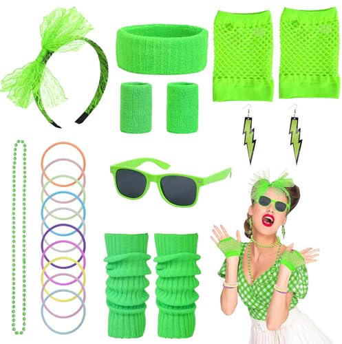 PEAKTOP 19PCS 80er Jahre Outfit Damen Set, 80er Jahre Accessoires | Mit Ohrringe Armband Schal Halskette Netzhandschuhe Beinschützer Haarband, Neon Accessoires Für Halloween Coaplay Karneval