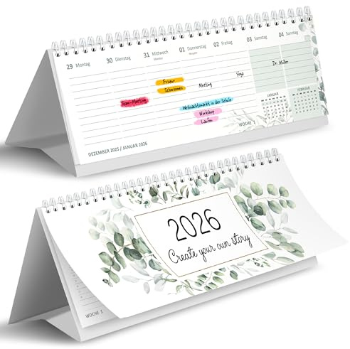 Tischkalender 2026 quer I Wochenkalender zum Aufstellen I Schreibtischkalender 2026 im Querformat, zum Hinstellen auf dem Schreibtisch