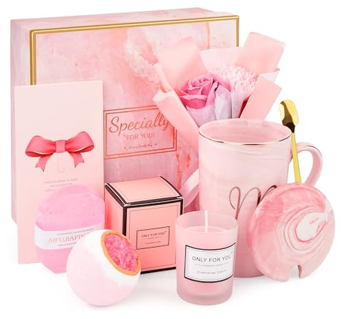 Coffret Cadeau Bien-Être pour Femme Tasse en Céramique (350ml) avec Cuillère Bougie Parfumée Bombes de Bain et Bouquet de Fleurs Idée Cadeau Anniversaire Saint Valentin ou Fête des Mères